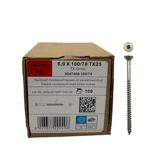 Timber screws double countersunk head A4, TX25 (6 x 100/70 mm)